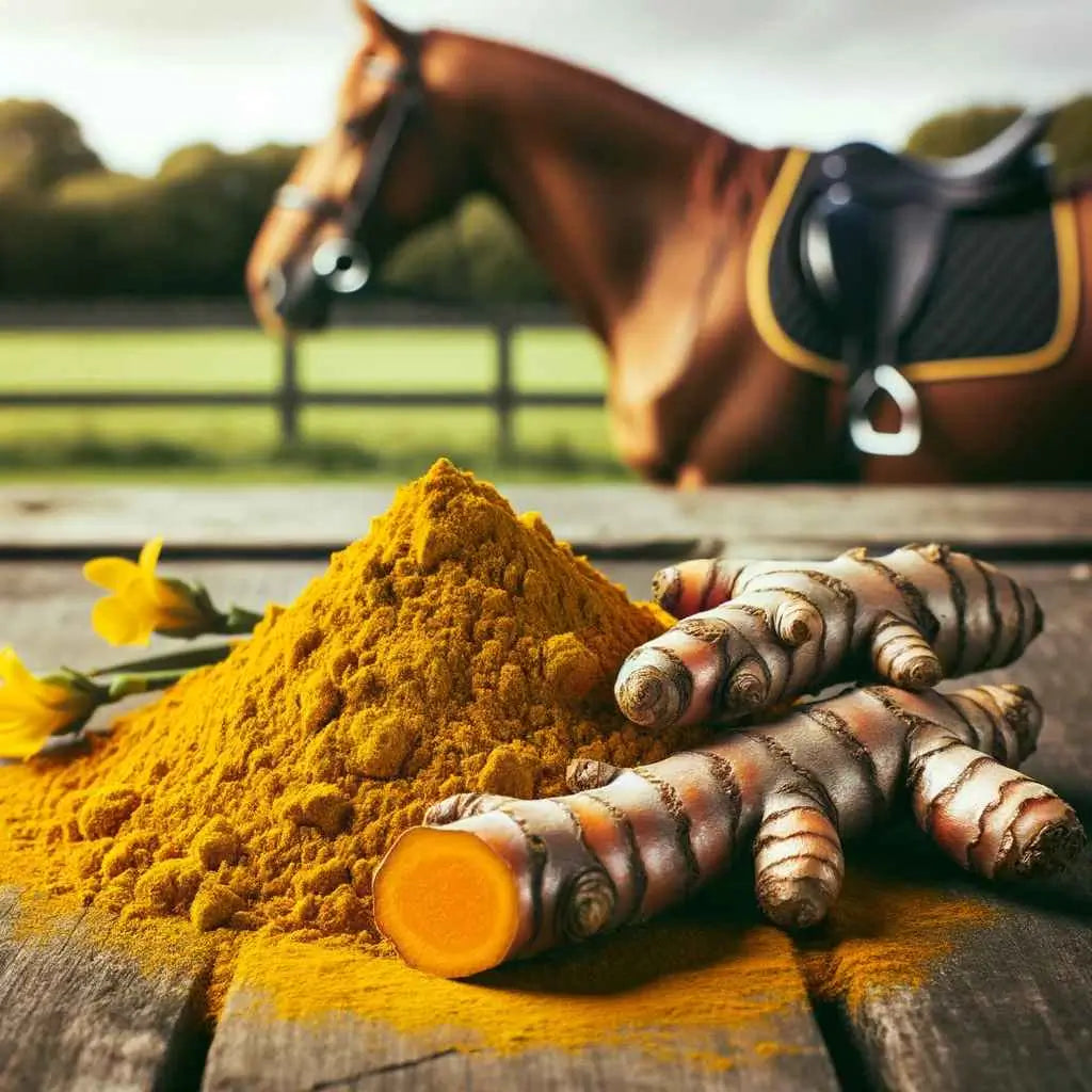 Photo: A close-up of vibrant yellow turmeric powder with a fresh turmeric root placed next to it. The backdrop is an equestrian setting with a horse in the distance. Overlay text reads 'Turmeric for Horses: Natural Benefits'.