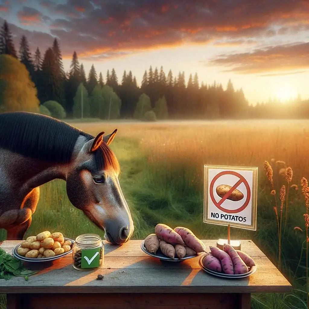 Photo of a serene meadow at sunset. In the foreground, a horse is seen sniffing a table full of various food items. On the table, there's a clear sign with a red circle and a line through a potato, indicating 'no potatoes'. - Just Horse Riders